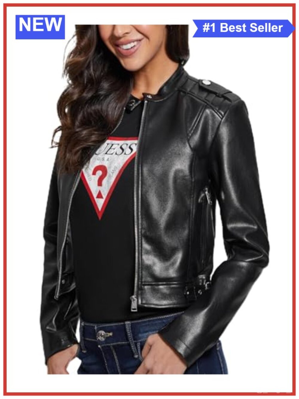 Faux Leather Fitted Moto Jacket Snap Mandarin Collar Long Sleeve